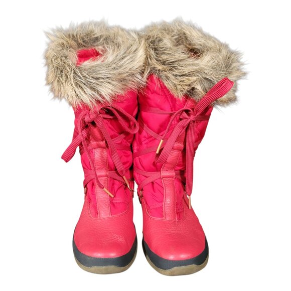 Lands End Faux Fur Trim Red Lace Up Winter Boots Women's 6.5B - Picture 1 of 12